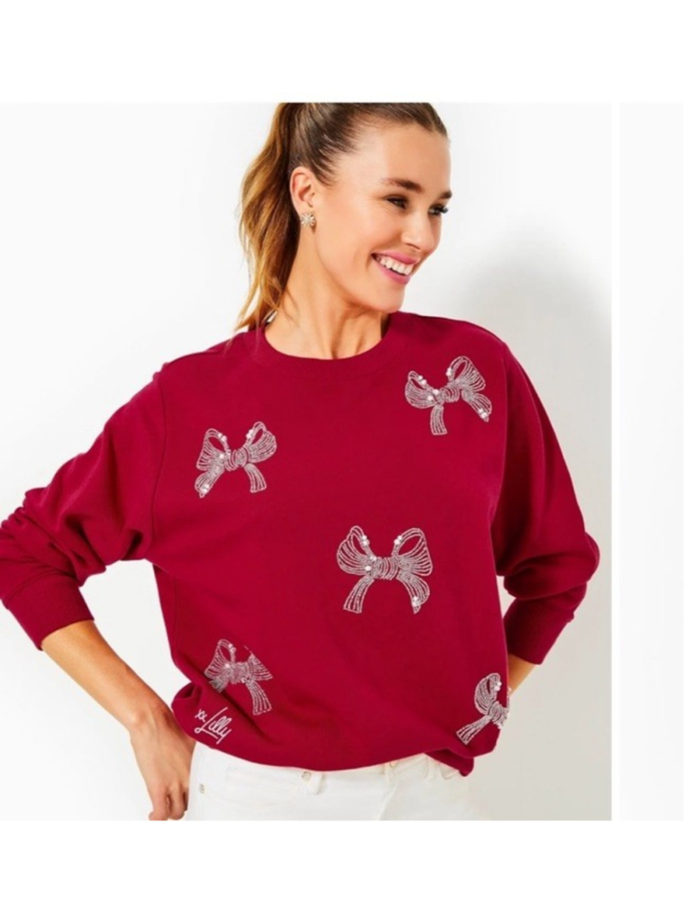 Lilly Pulitzer Ballad Bow Sweatshirt Size XL RED Pearls Beads Bows Holiday